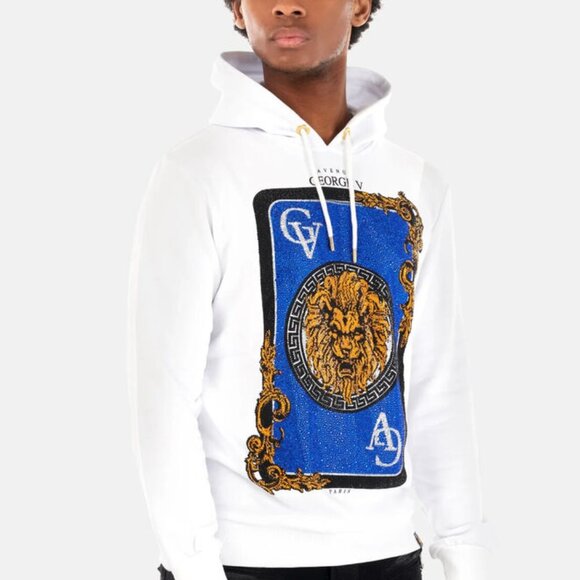 Avenue George V Paris White Hoodie Lion Rhinestone Men's Sweatshirt Small - Picture 3 of 7
